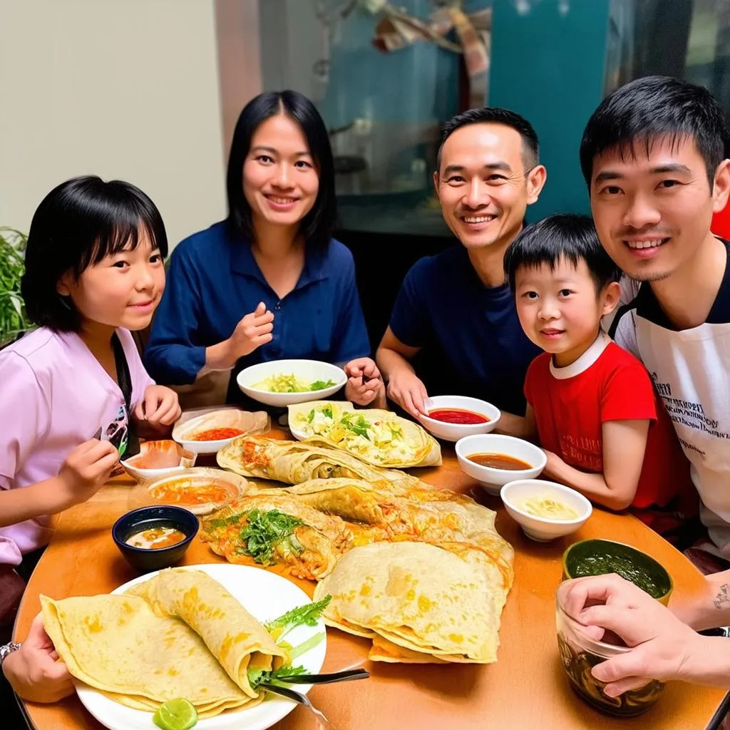 Vietnamese family eating Banh Xeo